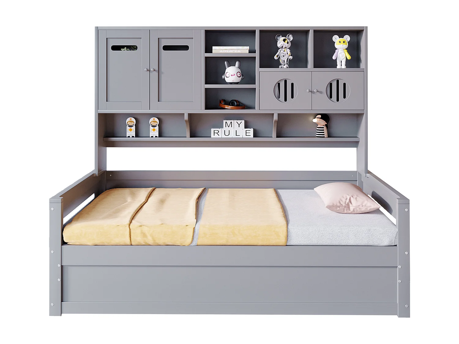 Sofá-cama infantil de madeira - 90 x 200 cm - com prateleira + compartimento hidráulico - madeira - cinza