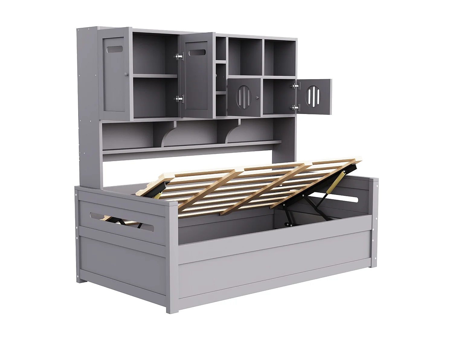 Sofá-cama infantil de madeira - 90 x 200 cm - com prateleira + compartimento hidráulico - madeira - cinza
