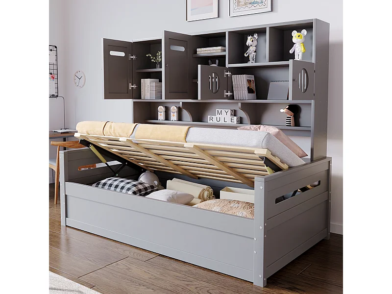 Sofá-cama infantil de madeira - 90 x 200 cm - com prateleira + compartimento hidráulico - madeira - cinza