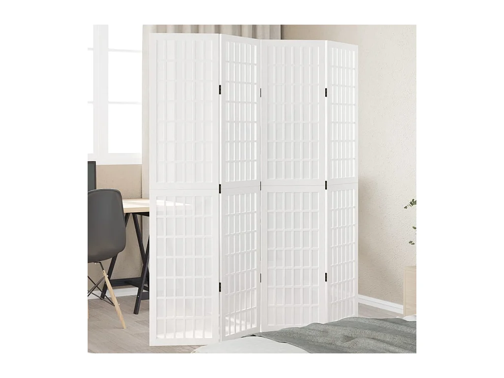 Cloison de séparation 4 panneaux blanc bois de paulownia massif