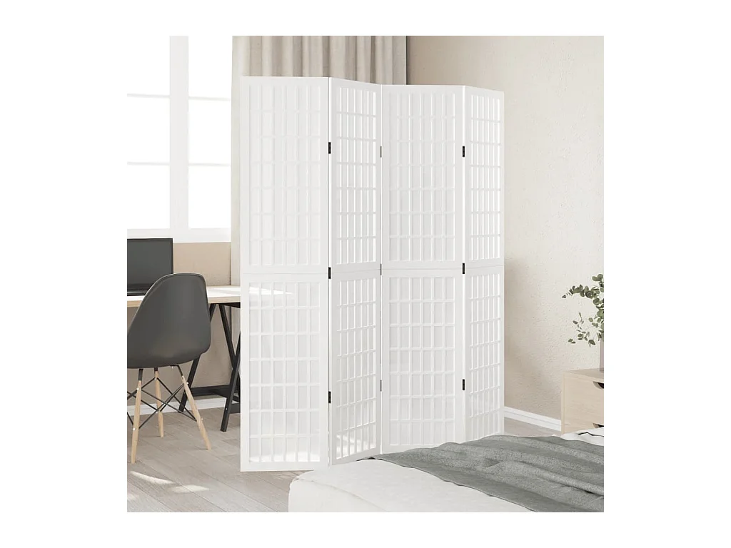 Cloison de séparation 4 panneaux blanc bois de paulownia massif