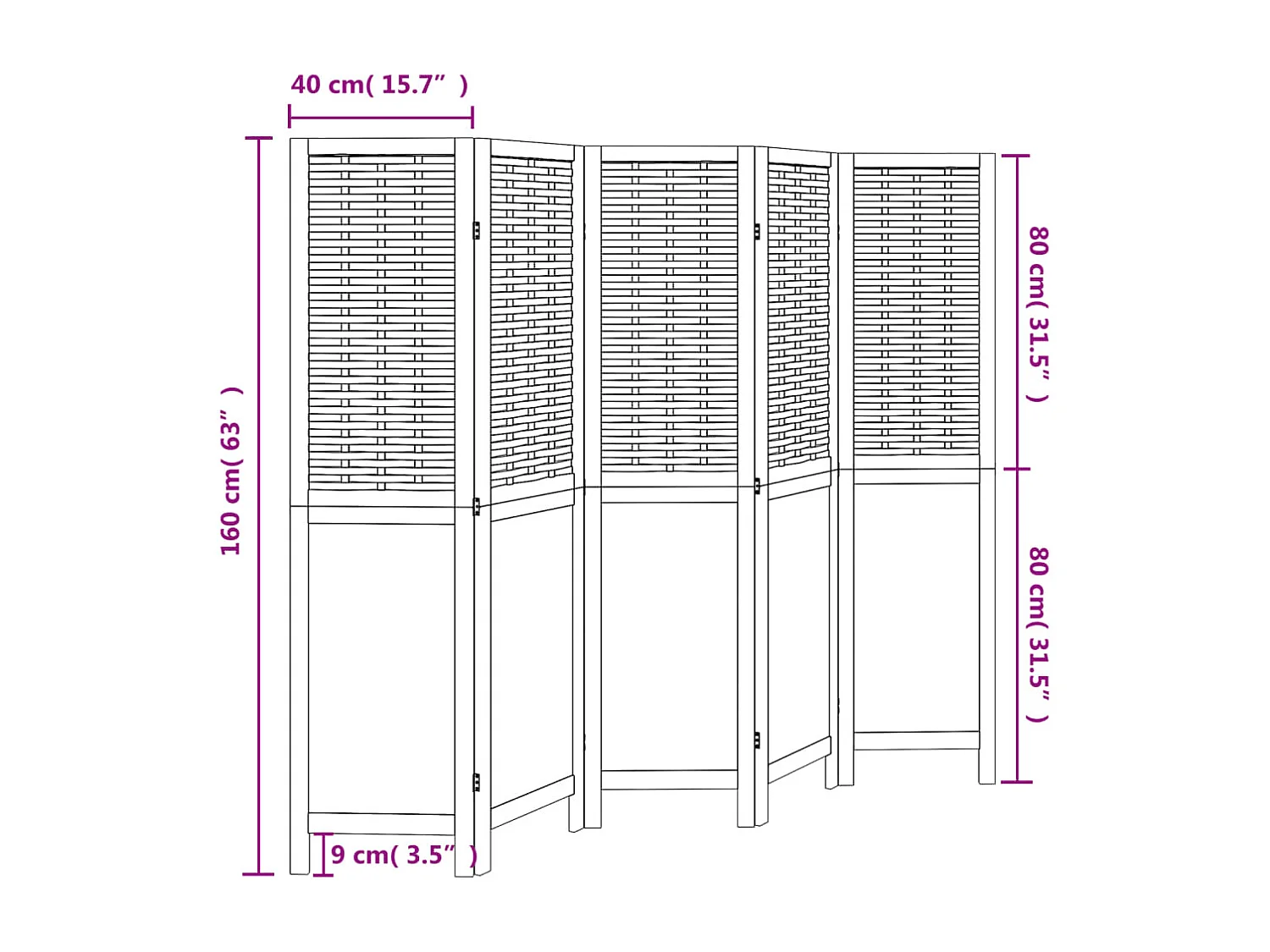 Parete divisoria marrone scuro a 5 pannelli realizzata in legno massello di paulonia