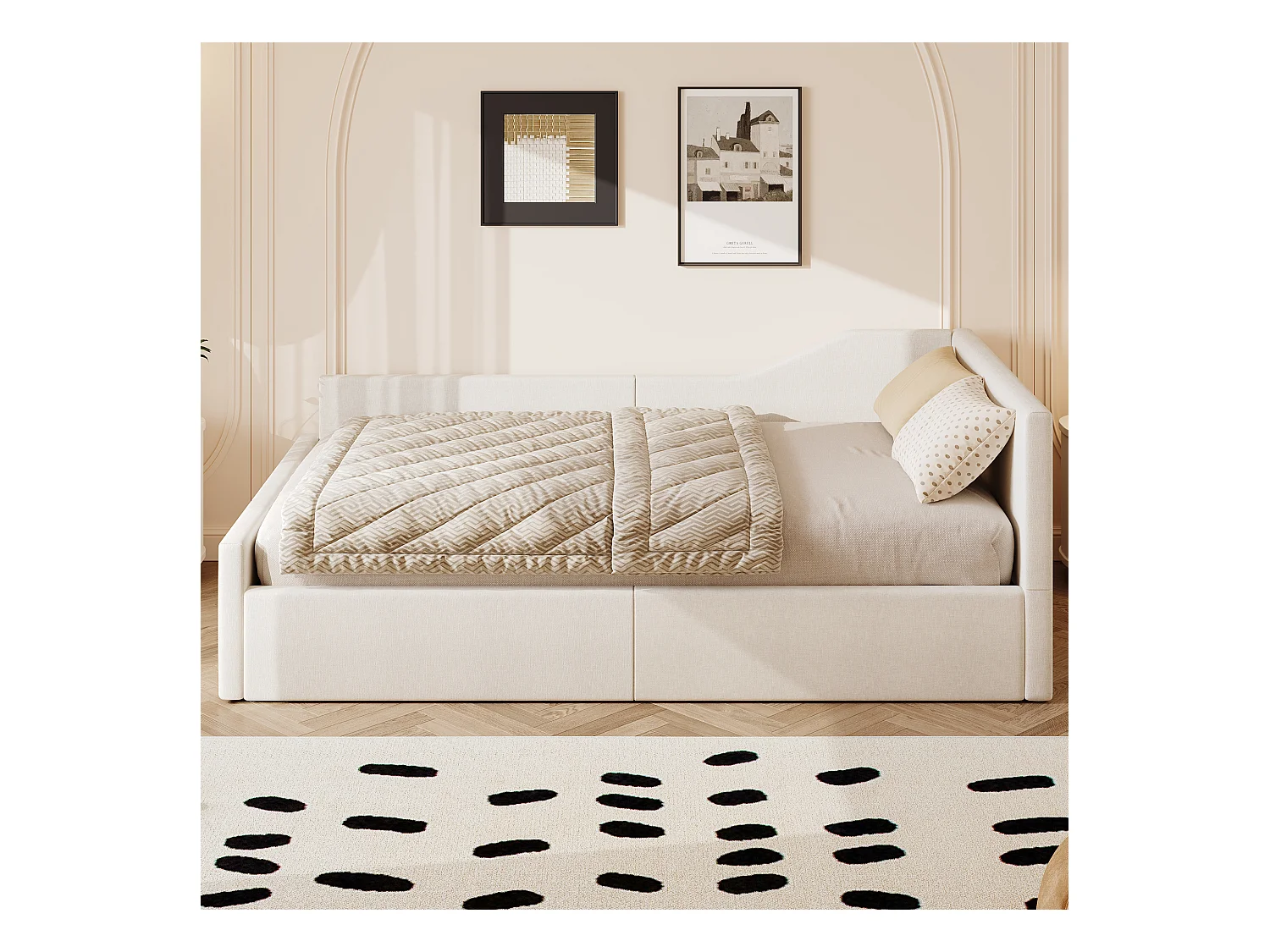 Sofá-cama infantil estofado - 140 x 200 cm - com espaço de armazenamento embaixo - MDF - bege