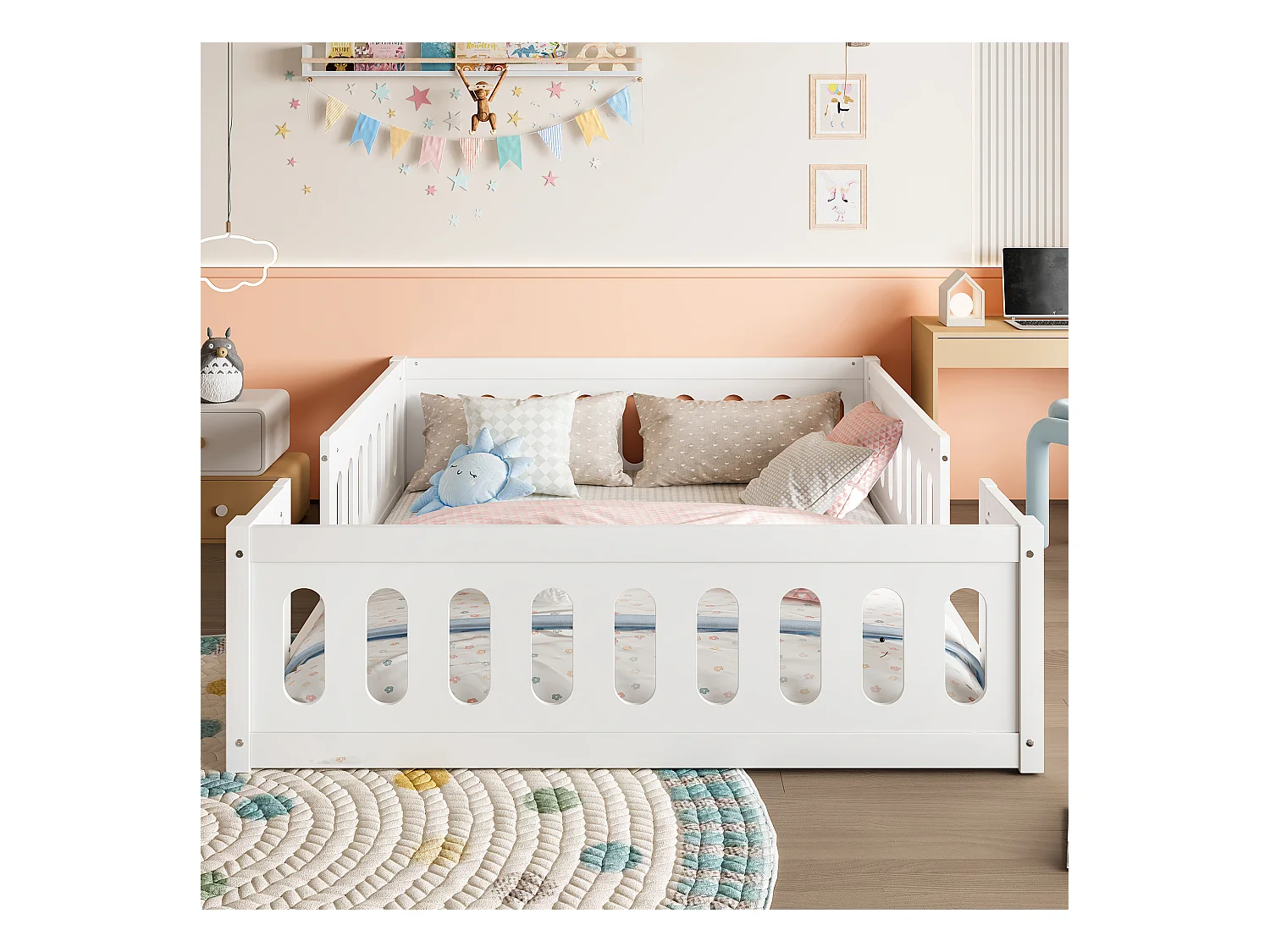 Cadre de lit plateforme en bois - 140 x 200 cm - avec garde-corps - sams sommier - bois + MDF -  blanc