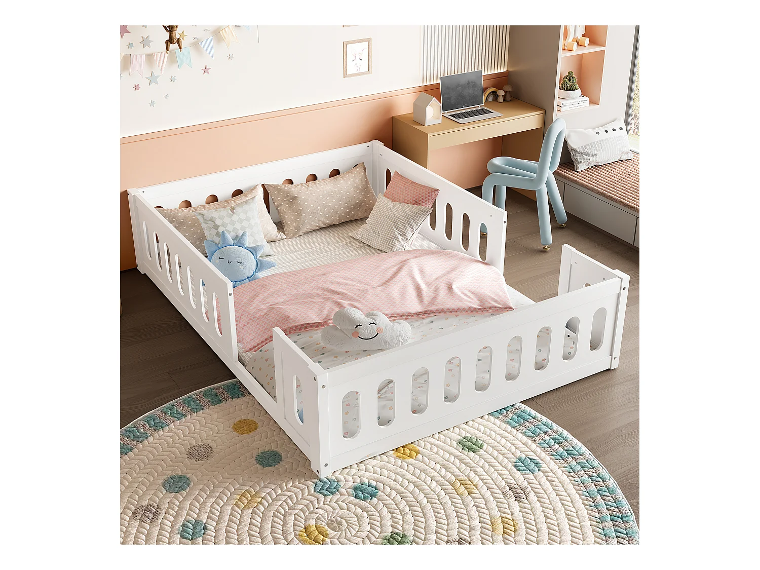 Cadre de lit plateforme en bois - 140 x 200 cm - avec garde-corps - sams sommier - bois + MDF -  blanc