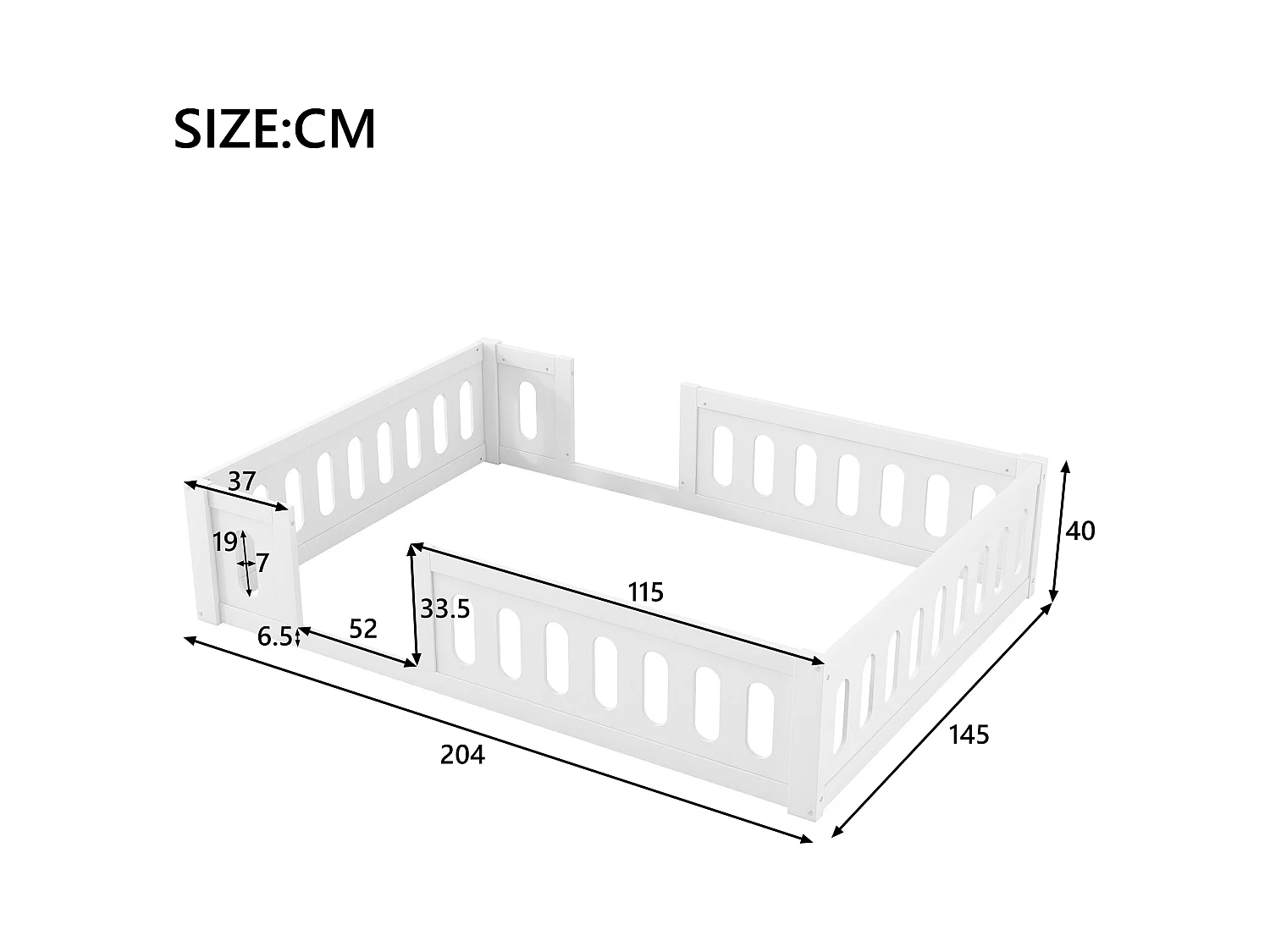 Cadre de lit plateforme en bois - 140 x 200 cm - avec garde-corps - sams sommier - bois + MDF -  blanc