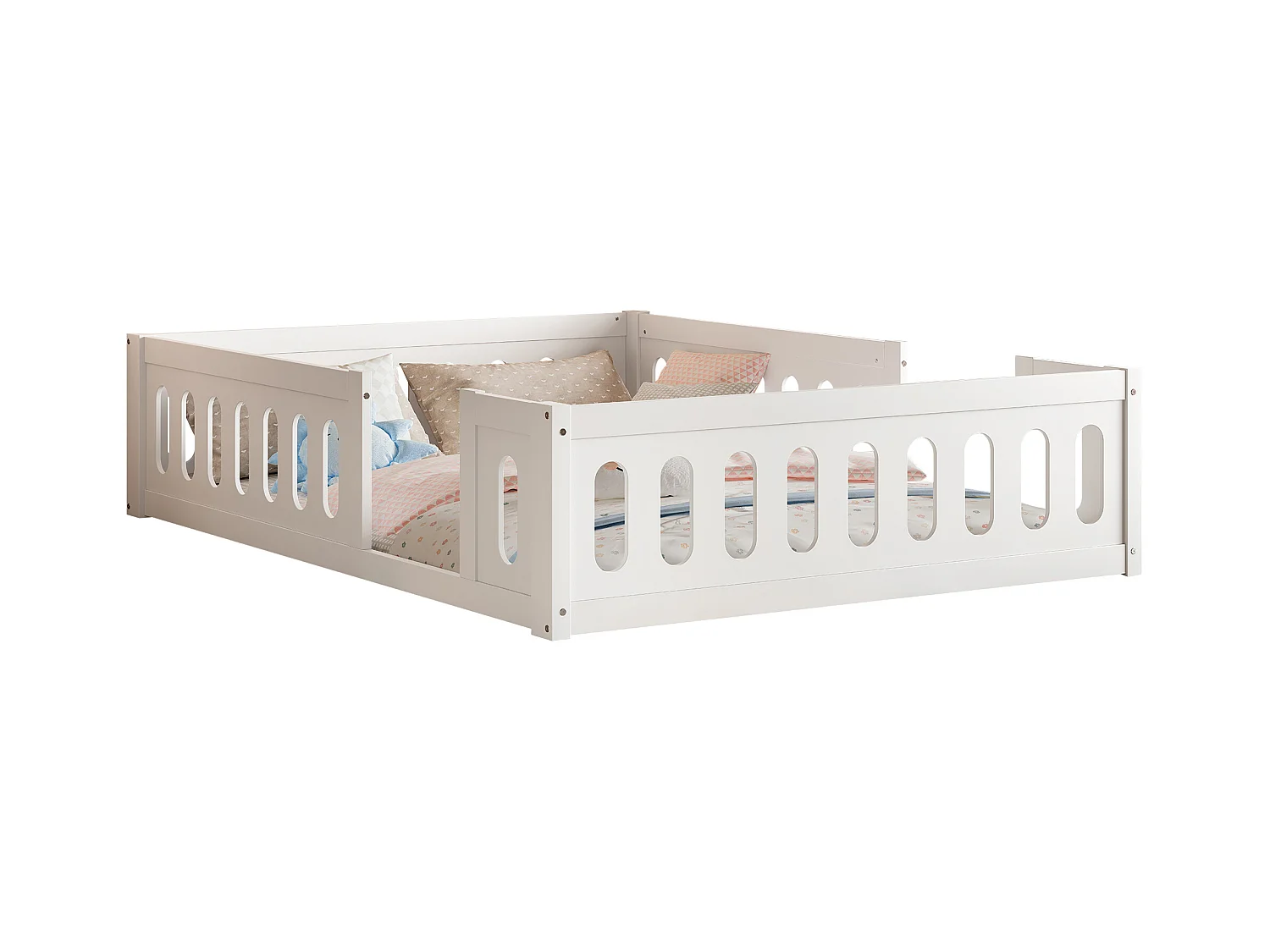 Cadre de lit plateforme en bois - 140 x 200 cm - avec garde-corps - sams sommier - bois + MDF -  blanc