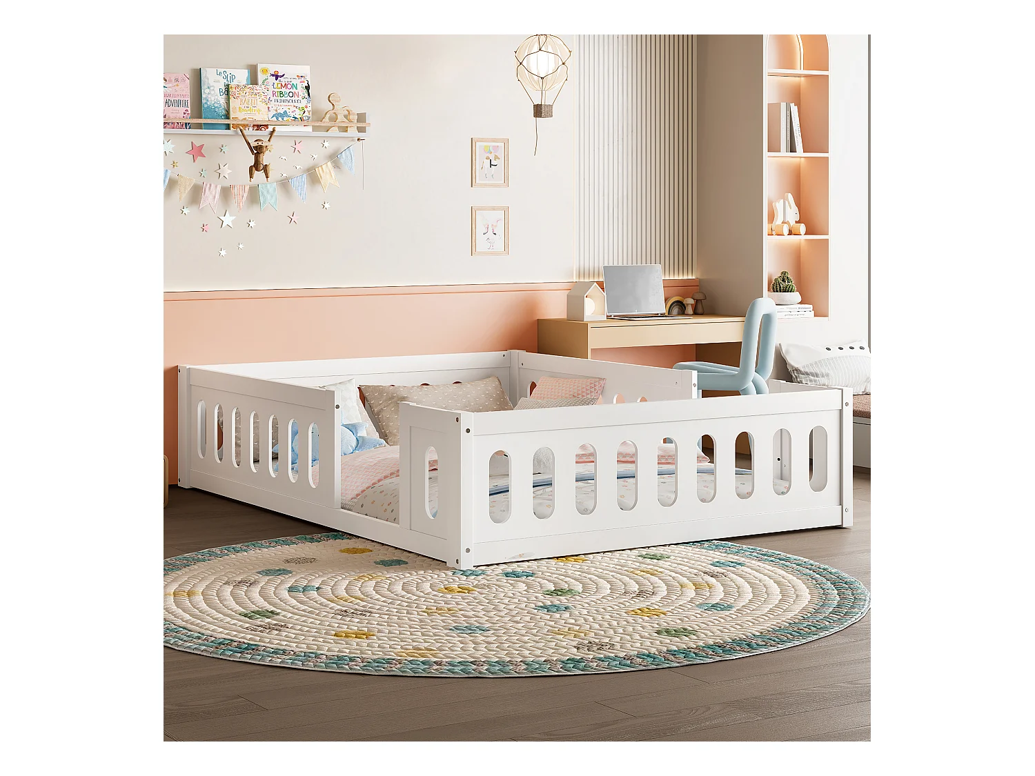 Cadre de lit plateforme en bois - 140 x 200 cm - avec garde-corps - sams sommier - bois + MDF -  blanc