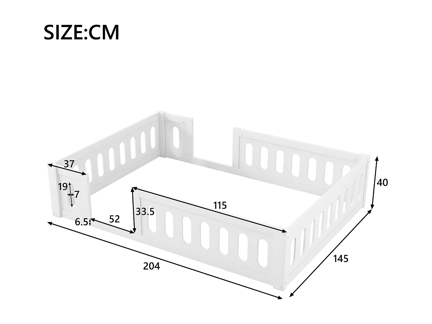 Cadre de lit plateforme en bois - 140 x 200 cm - avec garde-corps - sams sommier - bois + MDF -  blanc