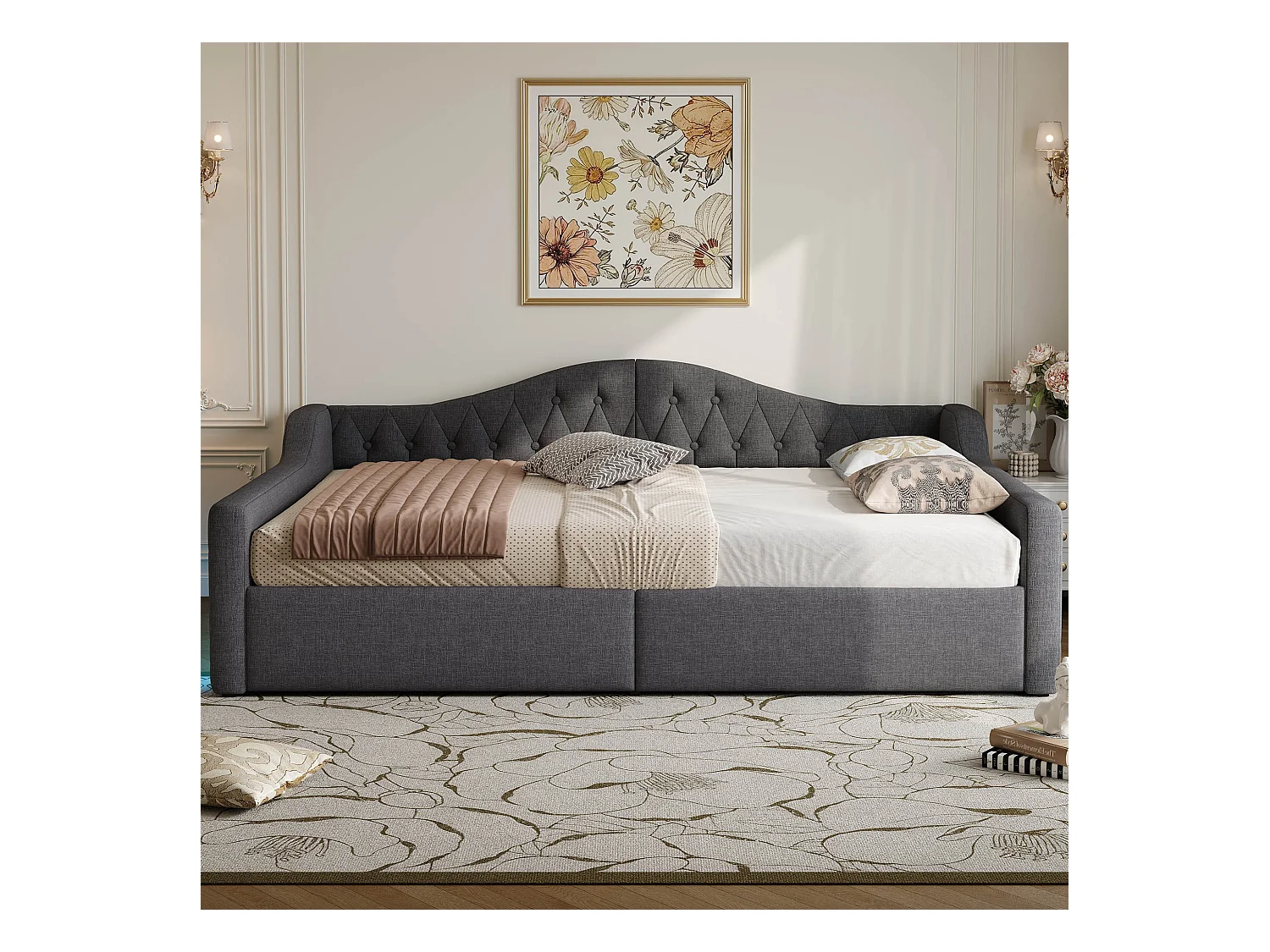 Canapé-lit rembourré pour enfant - 140 x 200 cm - avec rangement en dessous + Leds - MDF - gris