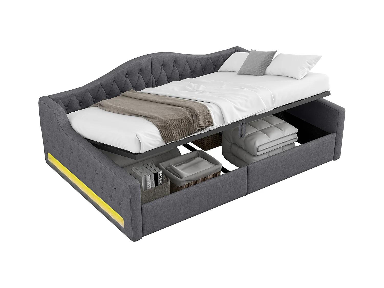 Canapé-lit rembourré pour enfant - 140 x 200 cm - avec rangement en dessous + Leds - MDF - gris