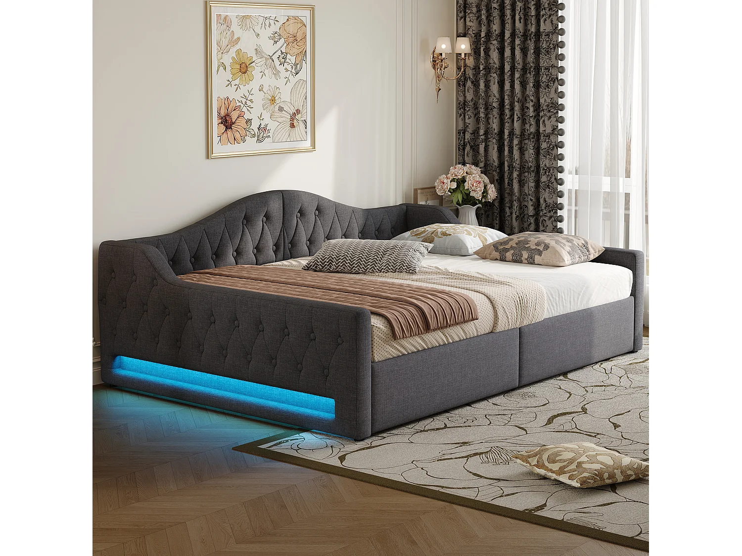 Kinder-Polsterschlafsofa – 140 x 200 cm – mit Stauraum + LEDs – MDF – grau