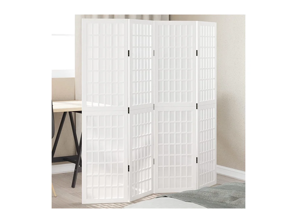 Cloison de séparation 4 panneaux blanc bois de paulownia massif