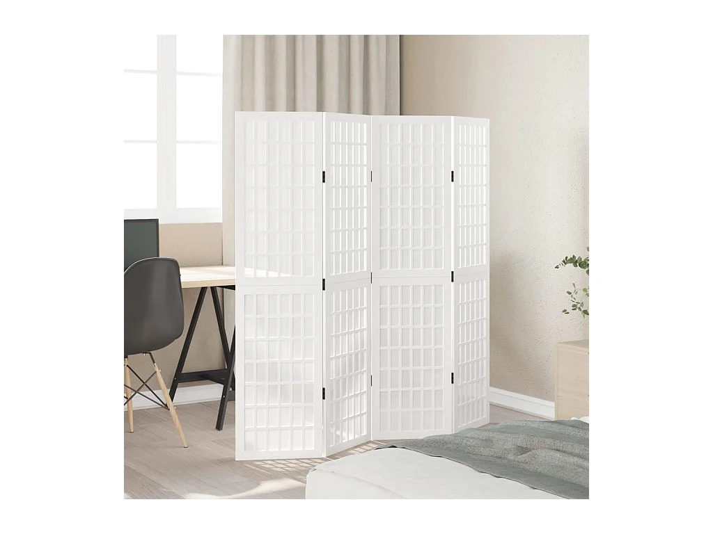 Cloison de séparation 4 panneaux blanc bois de paulownia massif