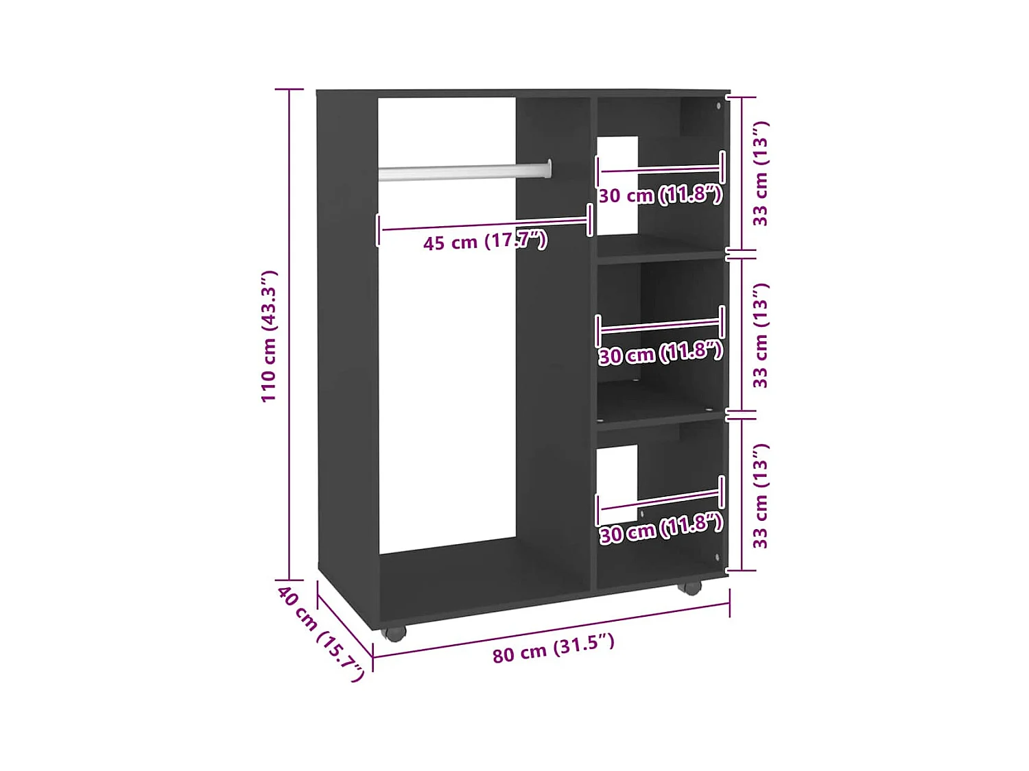 Zwarte kledingkast 80x40x110 cm Technisch hout