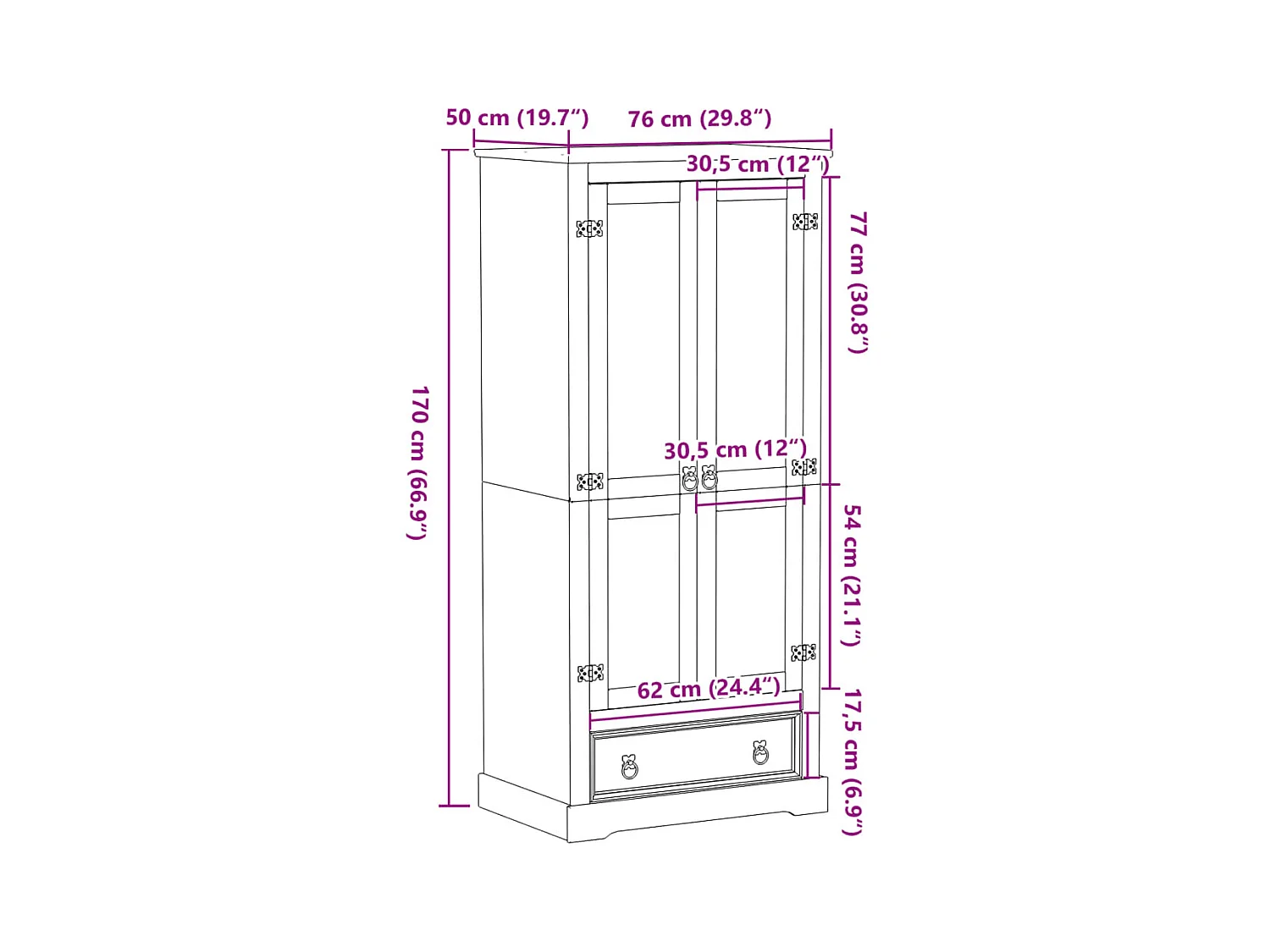 Corona kledingkast 76x50x170 cm massief grenenhout