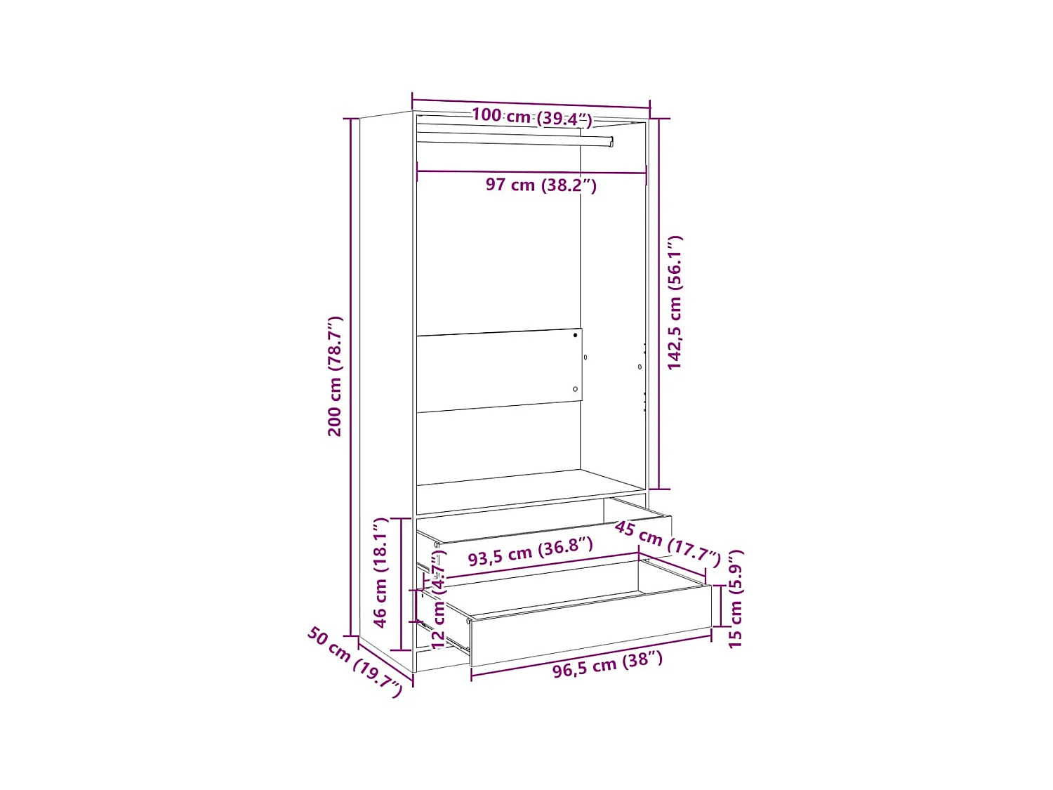 Betongrijze kledingkast 100x50x200 cm bewerkt hout