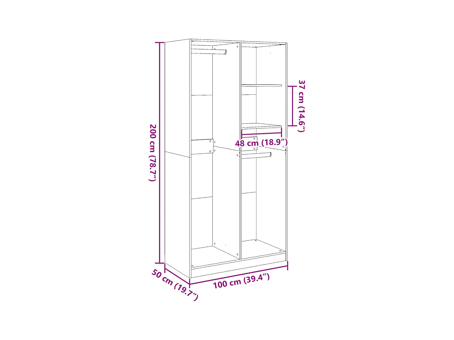 Betongrijze kledingkast 100x50x200 cm spaanplaat