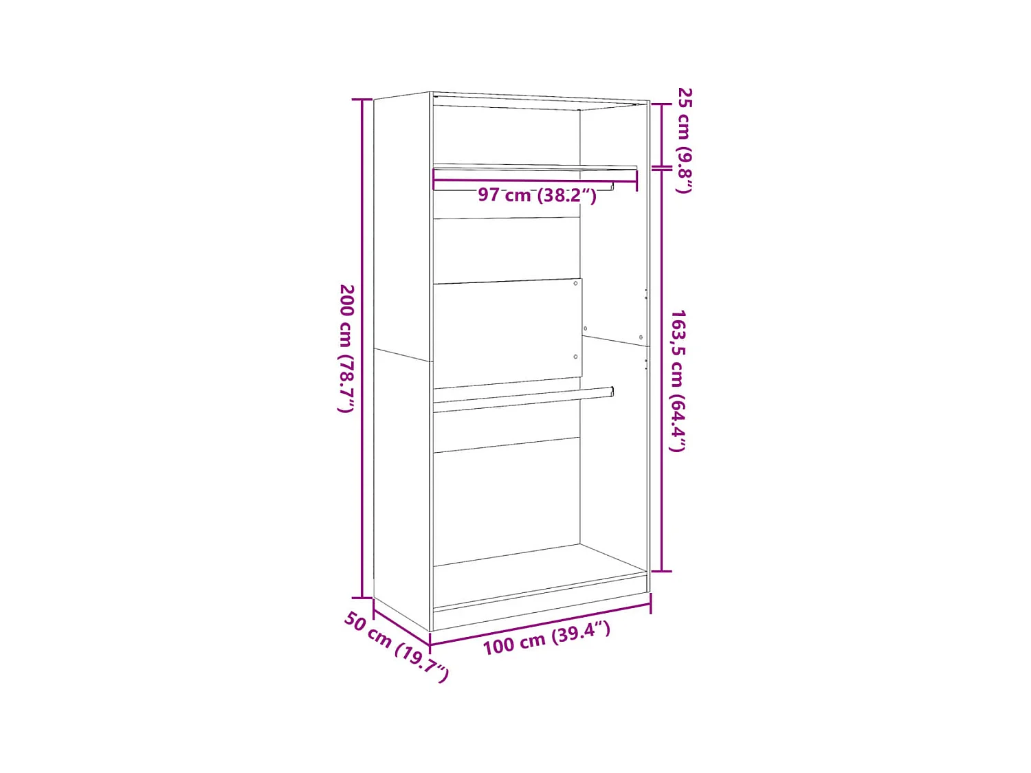 Sonoma grijze kledingkast 100x50x200 cm bewerkt hout