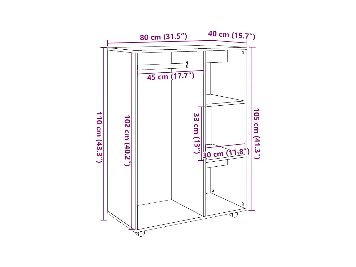 Handgemaakte eikenhouten kledingkast 80x40x110 cm van bewerkt hout