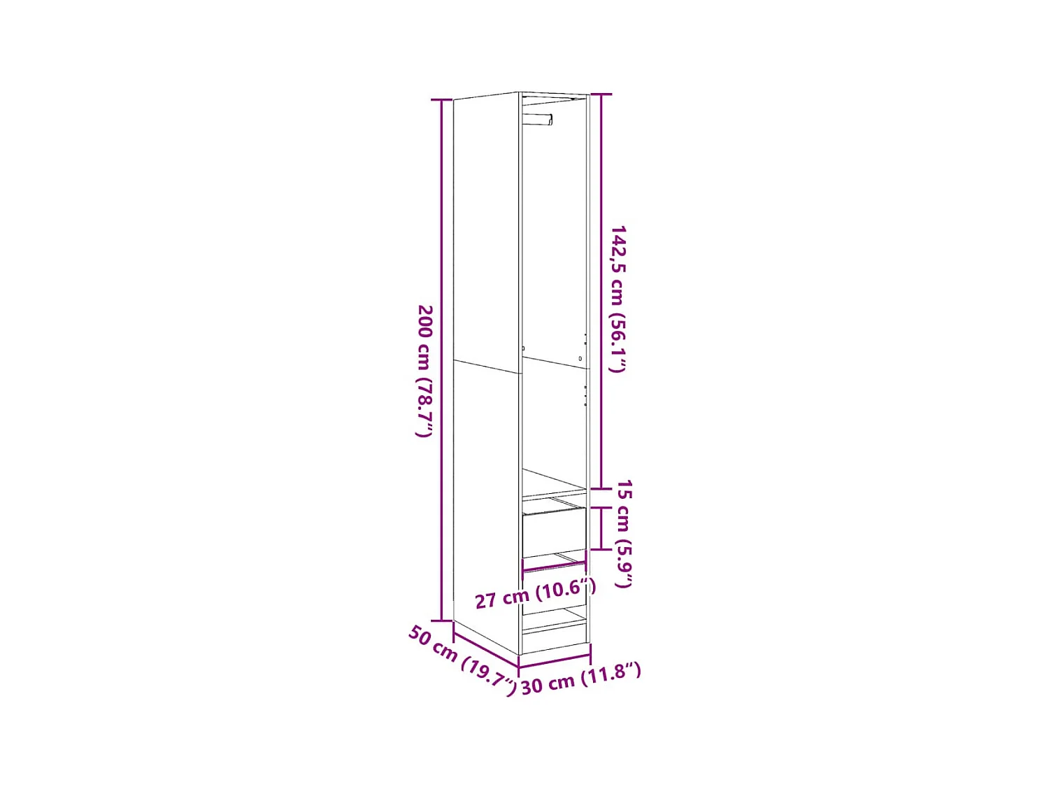 Armario negro 30x50x200 cm madera contrachapada