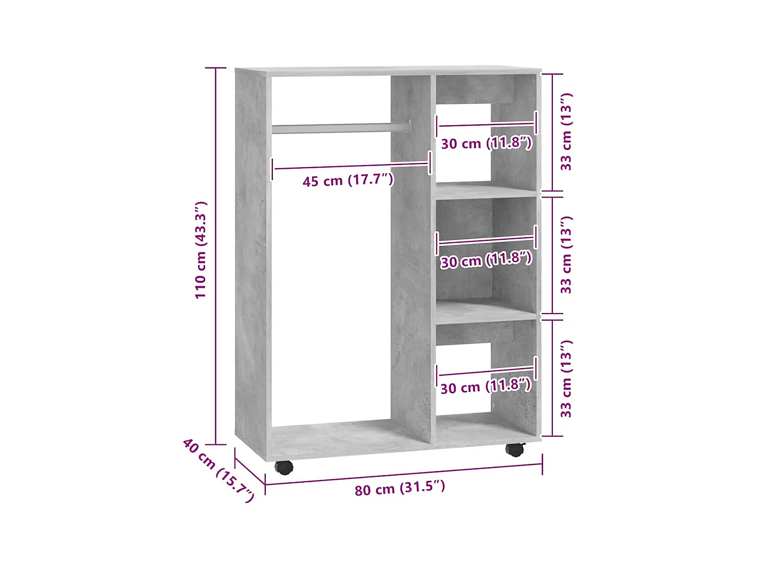 Armadio grigio cemento 80x40x110 cm in legno ingegnerizzato