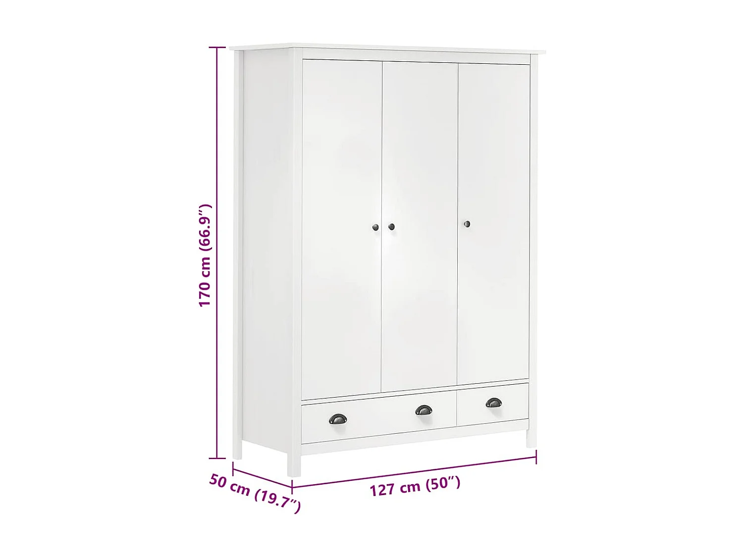 Garde-robe à 3 portes Hill Blanc 127x50x170 cm Bois pin solide