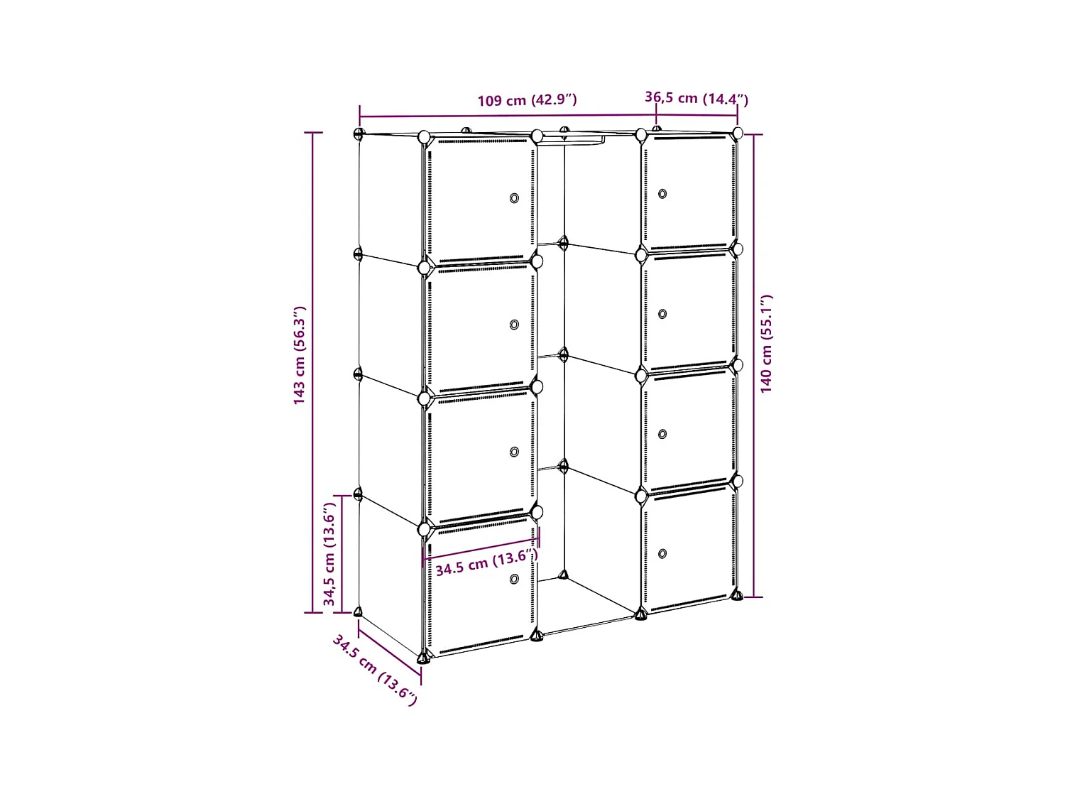 Armario modular 9 compartimentos 109x36,5x143 cm blanco