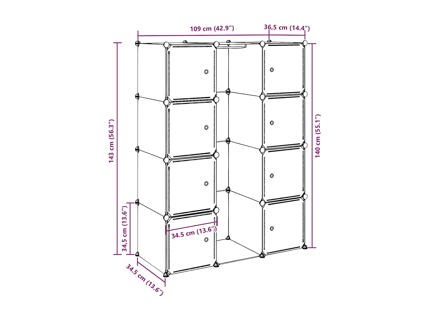 Armario modular 9 compartimentos 109x36,5x143 cm blanco