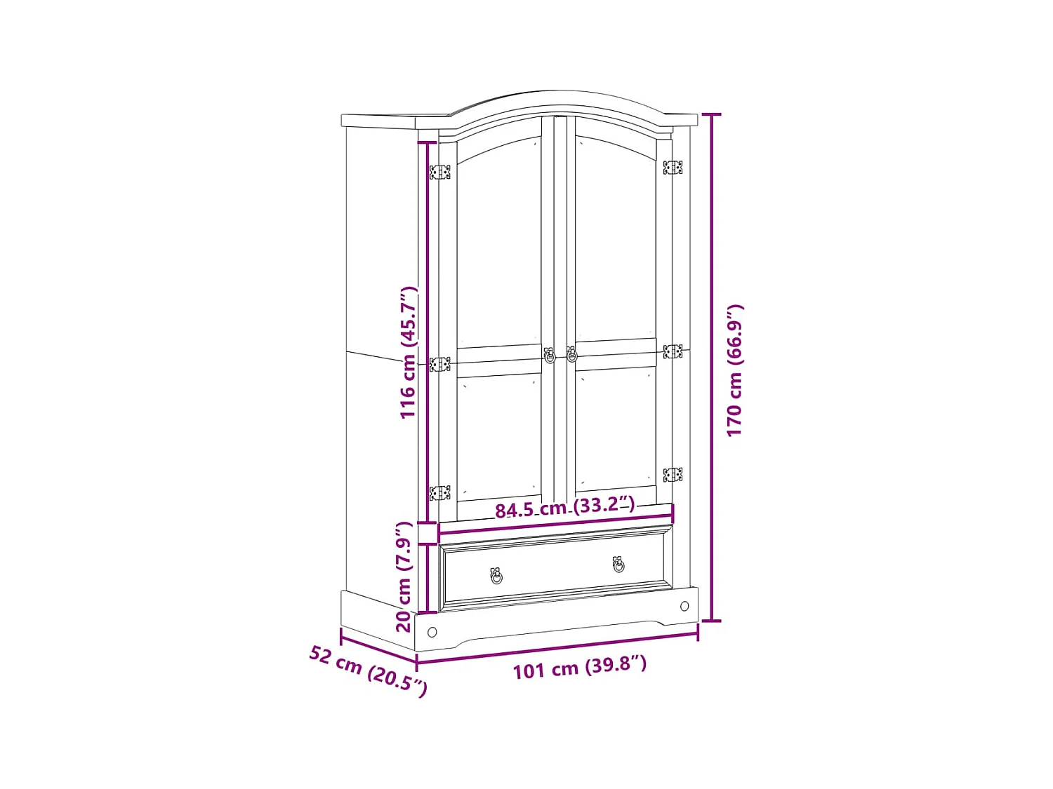 Armadio Corona 101x52x170 cm in legno massello di pino