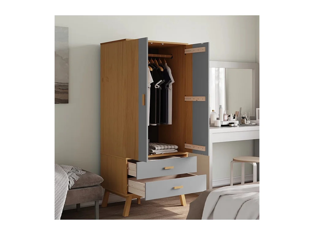 OLDEN kledingkast grijs en bruin 76,5x53x172 cm massief grenenhout