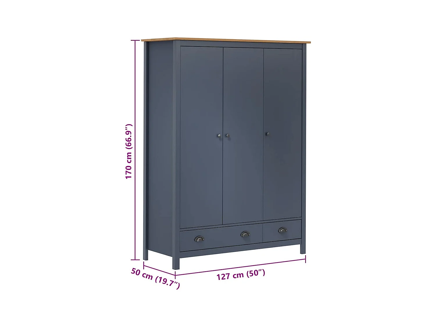 Hill Grey 3-deurs kledingkast 127x50x170 cm Massief grenen