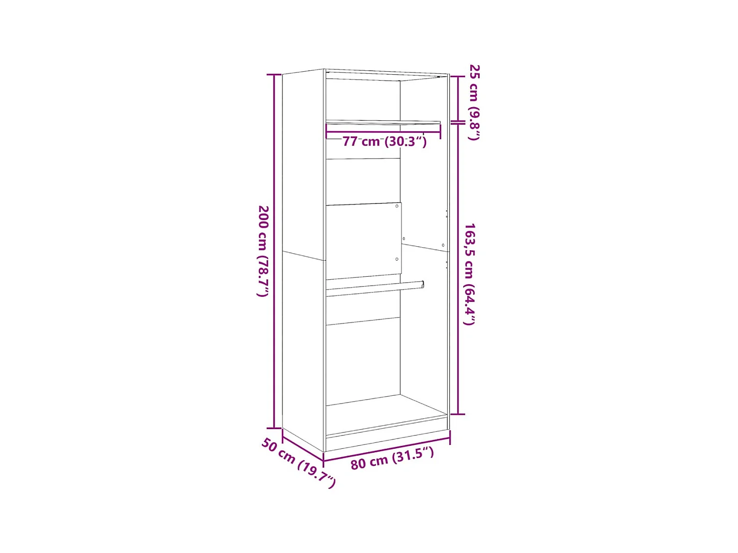 Witte kledingkast 80x50x200 cm van bewerkt hout