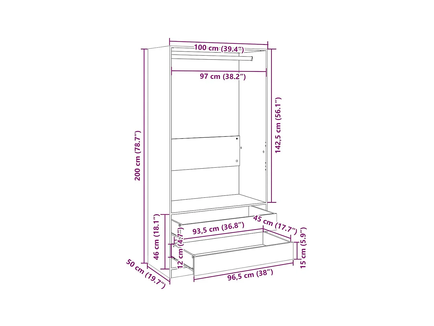 Witte kledingkast 100x50x200 cm Technisch hout