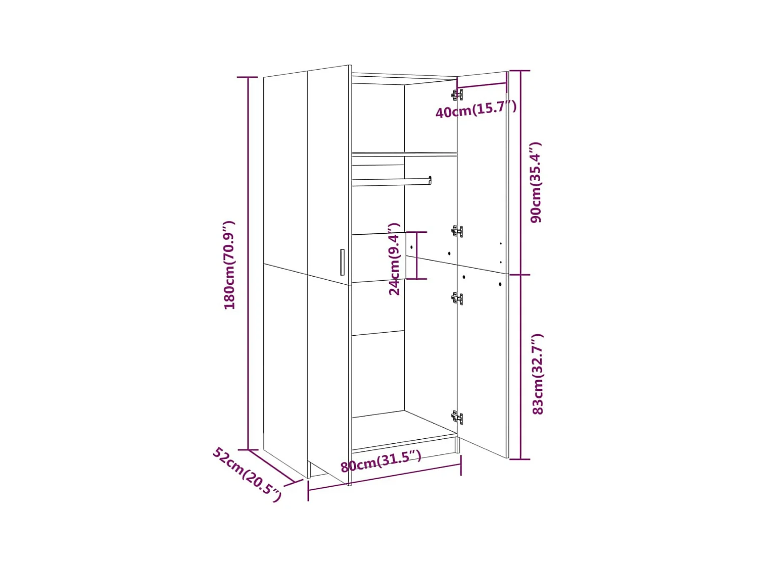 Gerookte eikenhouten kledingkast 80x52x180 cm, bewerkt hout