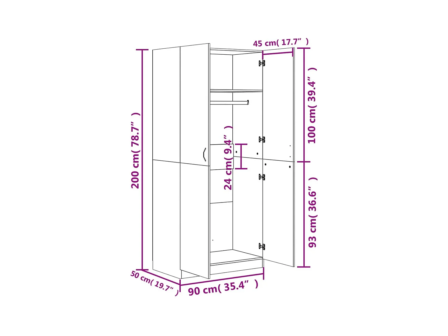 Betongrijze kledingkast 90x52x200 cm bewerkt hout