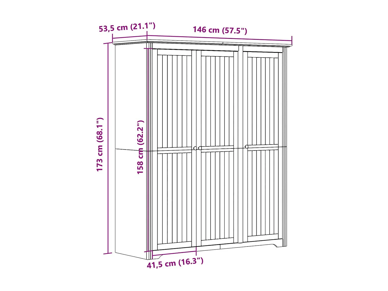 BODO grauer Kleiderschrank 146x53,5x173 cm massives Kiefernholz