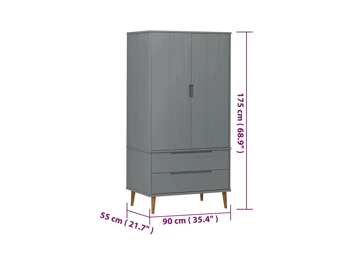 MOLDE Kleiderschrank Grau 90x55x175 cm Massivholz Kiefer