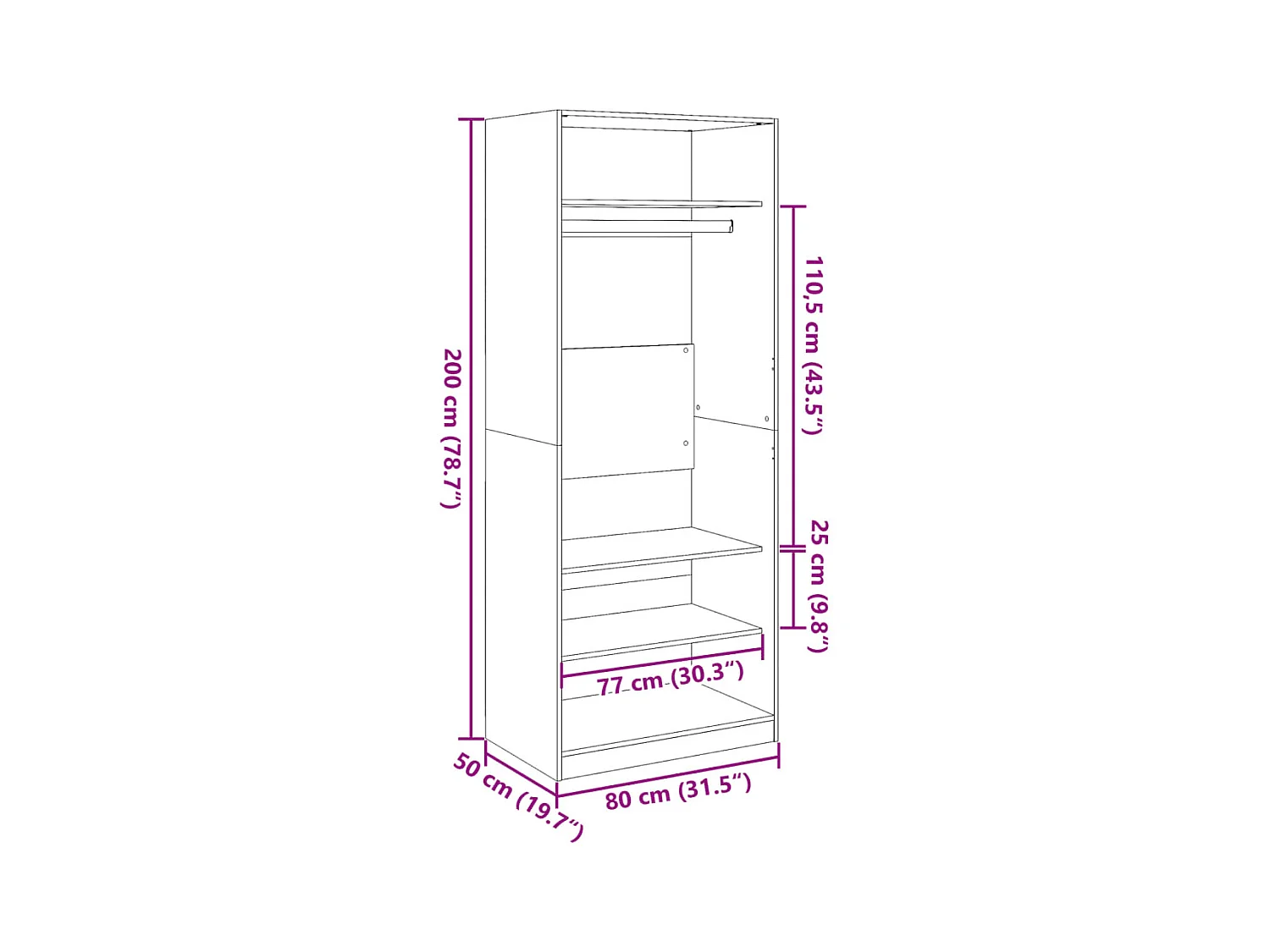 Schwarzer Kleiderschrank 80x50x200 cm Holzwerkstoff