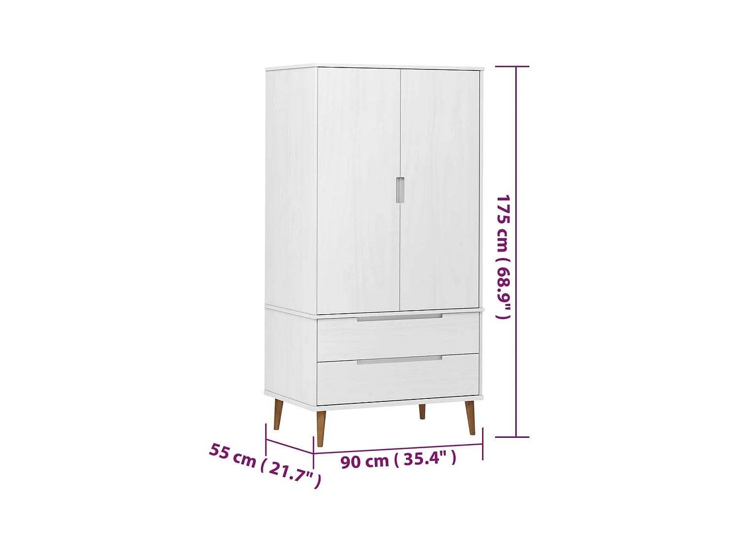 MOLDE Kleiderschrank Weiß 90x55x175 cm Massivholz Kiefer