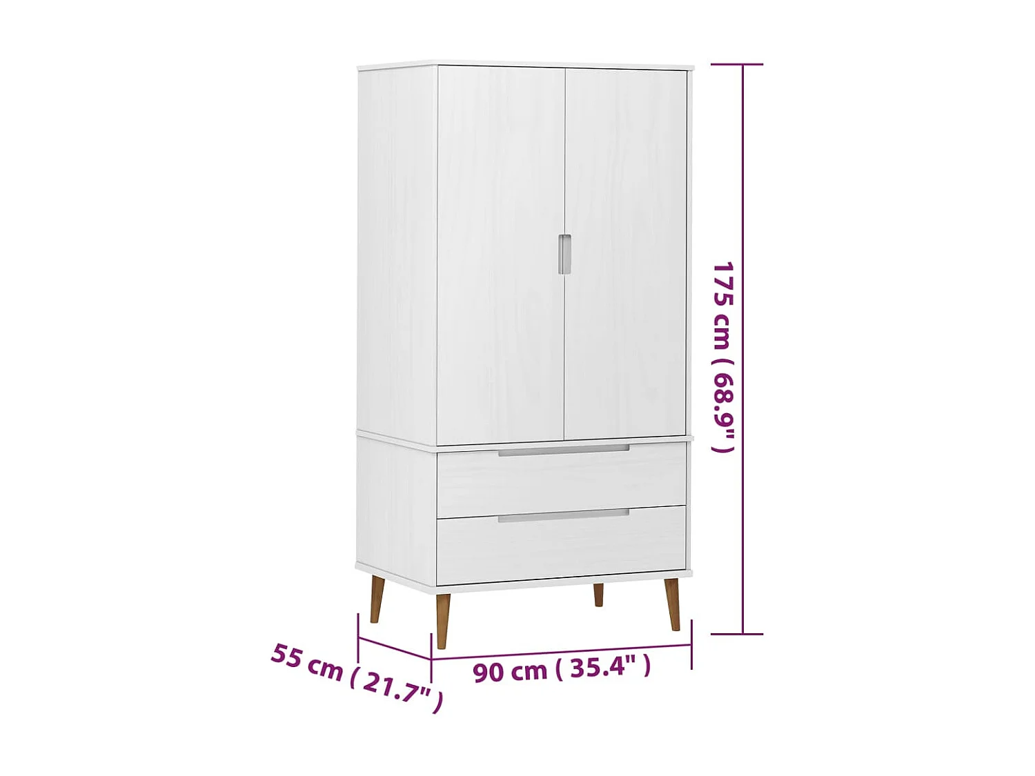 Armadio MOLDE Bianco 90x55x175 cm Legno massello di pino