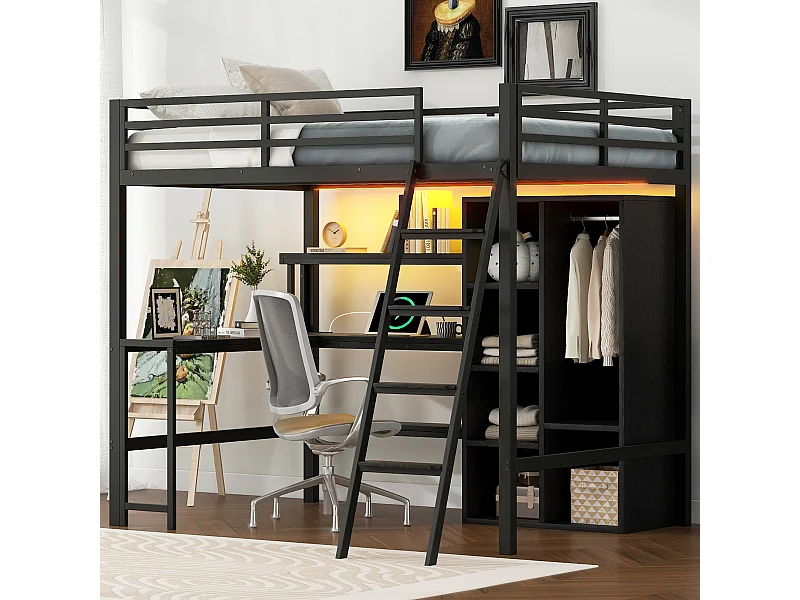 Metall-Hochbett – 140 x 200 cm – mit Schreibtisch + Stauraum + Kleiderschrank + LEDs – MDF + Metall – Schwarz