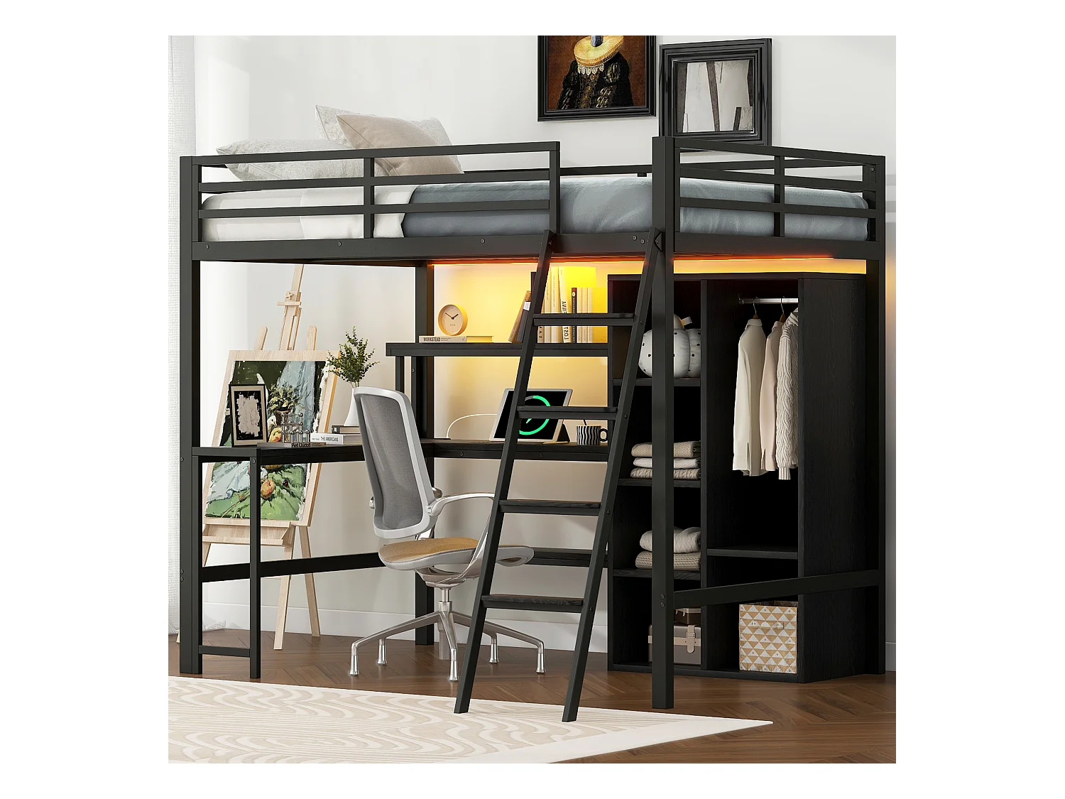 Lit mezzanine en métal - 140 x 200 cm - avec bureau + rangements + armoir + Leds - MDF + Métal - noir