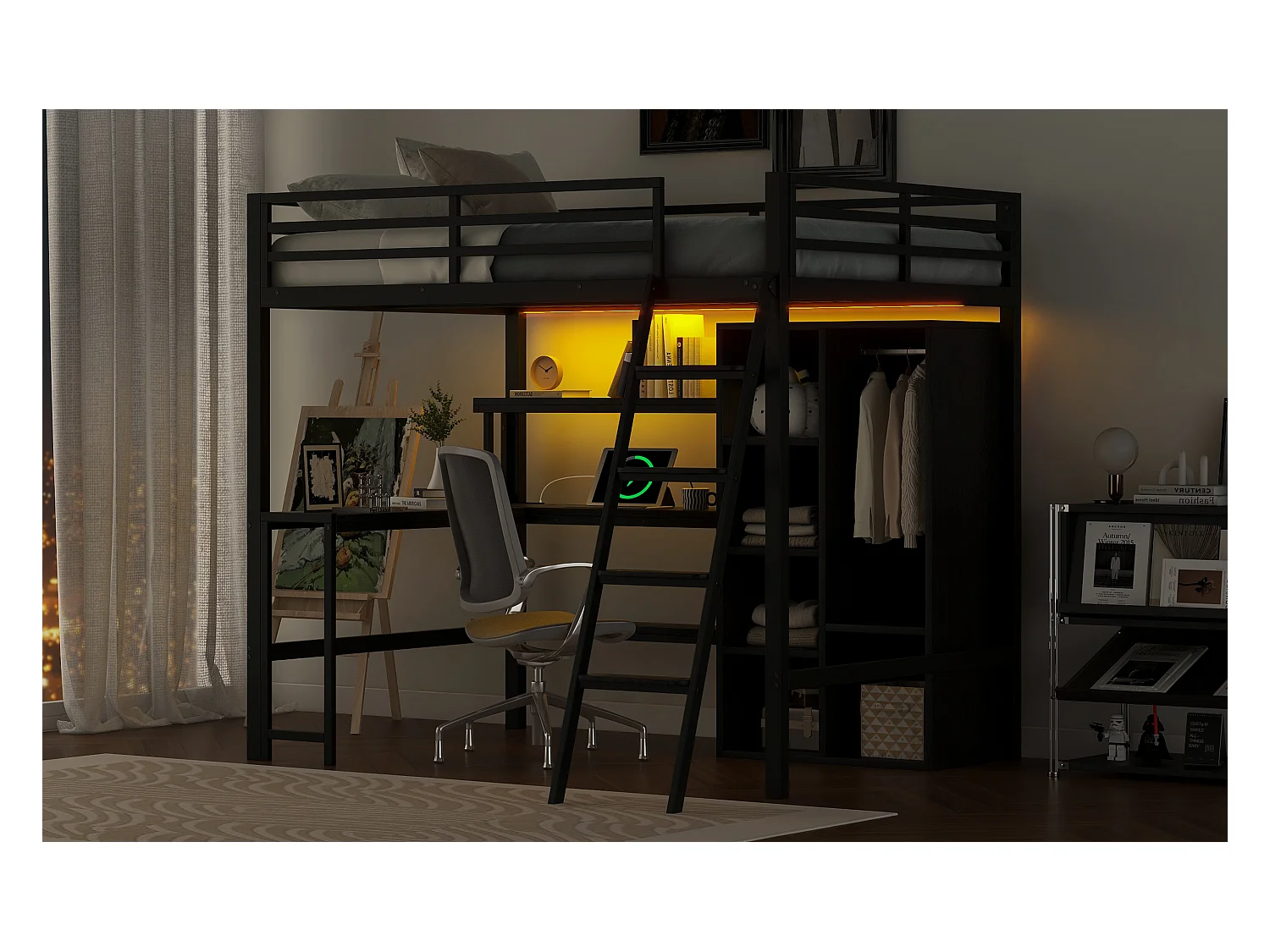 Lit mezzanine en métal - 140 x 200 cm - avec bureau + rangements + armoir + Leds - MDF + Métal - noir