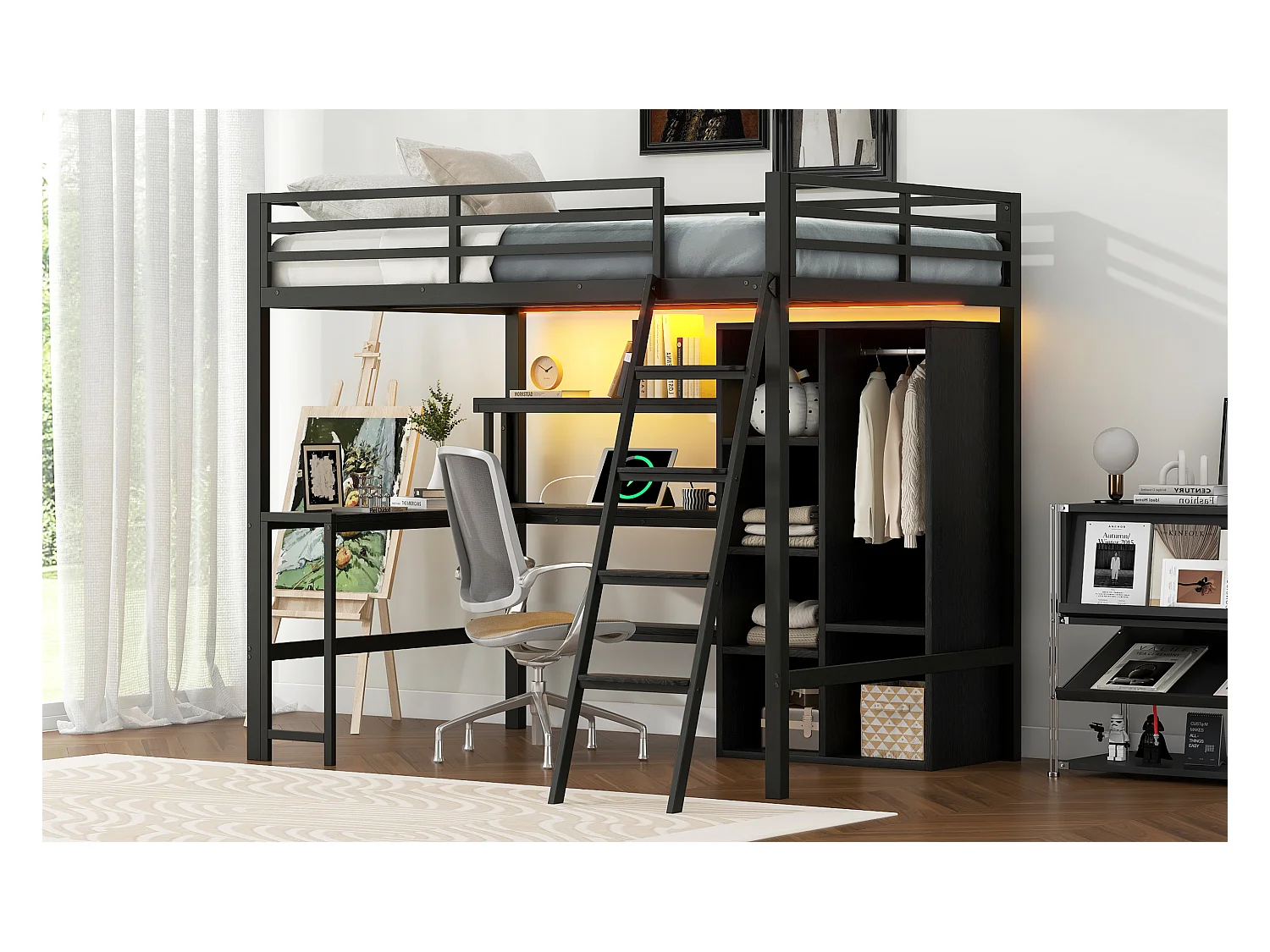 Lit mezzanine en métal - 140 x 200 cm - avec bureau + rangements + armoir + Leds - MDF + Métal - noir