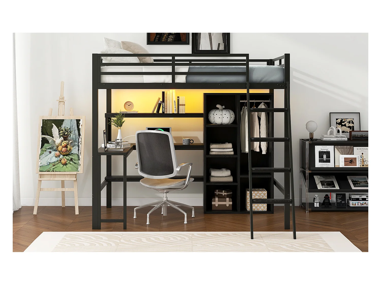 Lit mezzanine en métal - 140 x 200 cm - avec bureau + rangements + armoir + Leds - MDF + Métal - noir