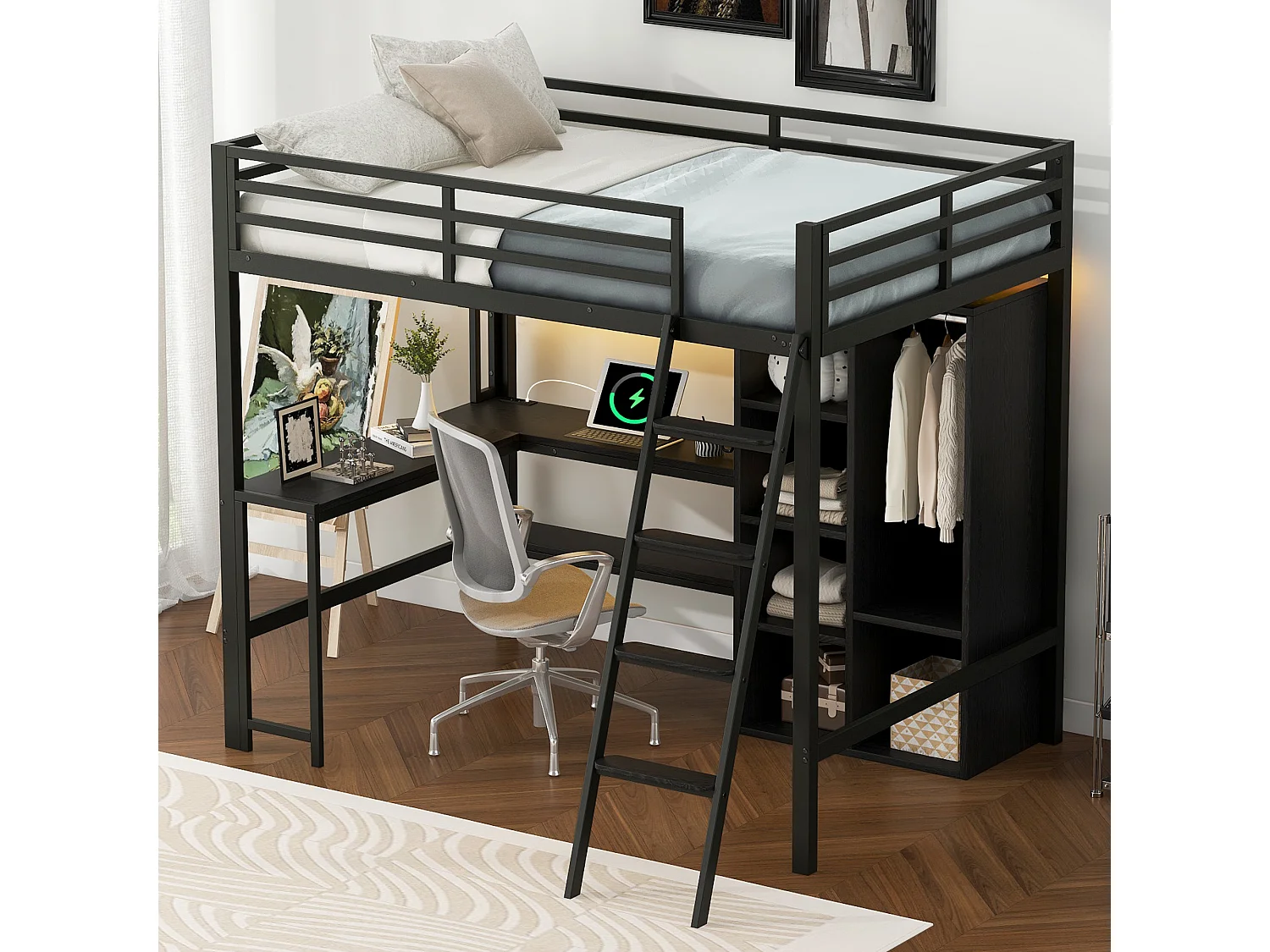 Metalen hoogslaper - 140 x 200 cm - met bureau + opbergruimte + kledingkast + led-verlichting - MDF + metaal - zwart