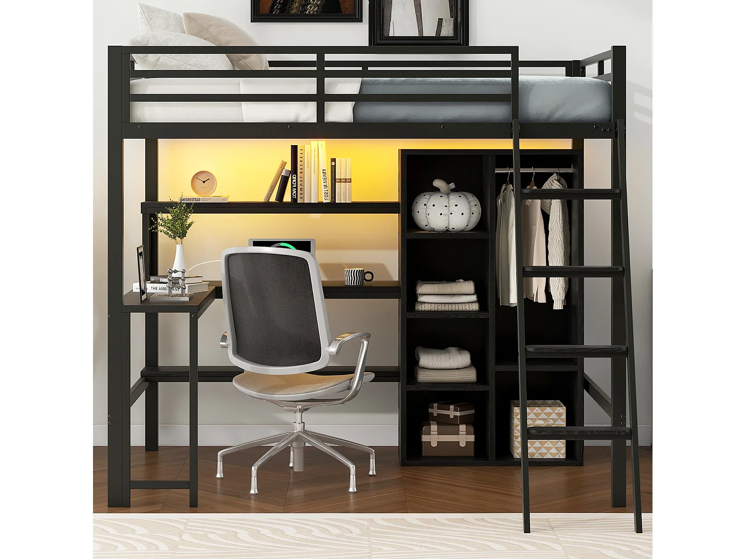 Metalen hoogslaper - 140 x 200 cm - met bureau + opbergruimte + kledingkast + led-verlichting - MDF + metaal - zwart