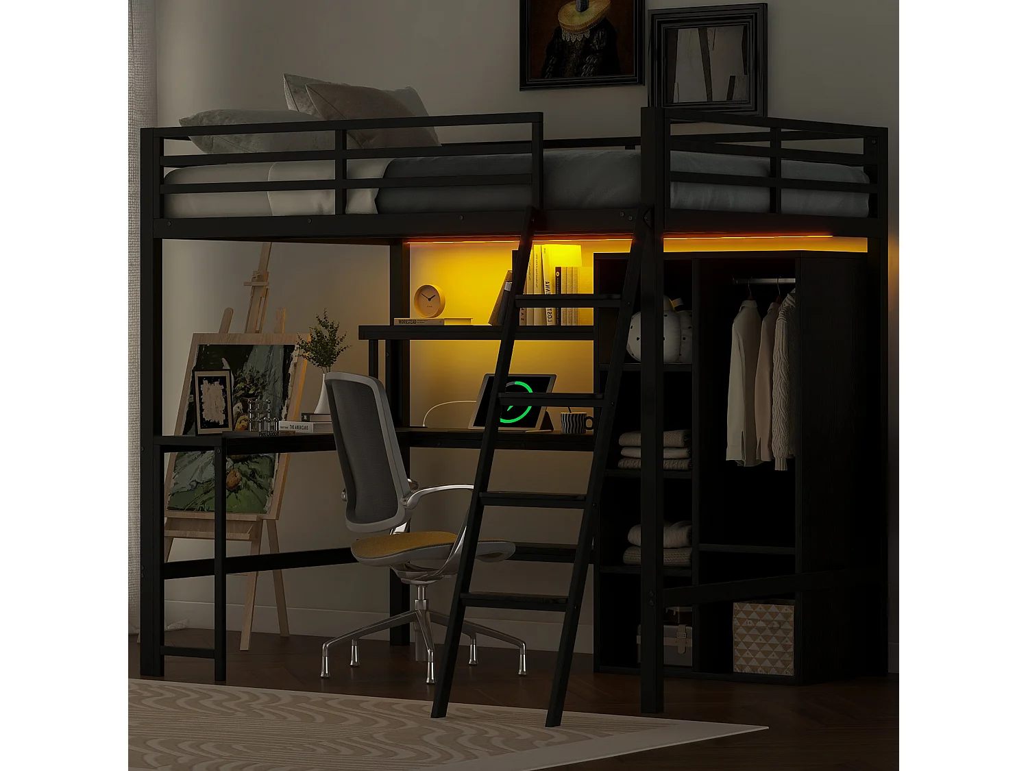 Metalen hoogslaper - 140 x 200 cm - met bureau + opbergruimte + kledingkast + led-verlichting - MDF + metaal - zwart