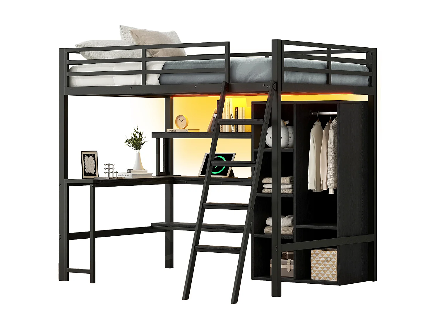 Metalen hoogslaper - 140 x 200 cm - met bureau + opbergruimte + kledingkast + led-verlichting - MDF + metaal - zwart